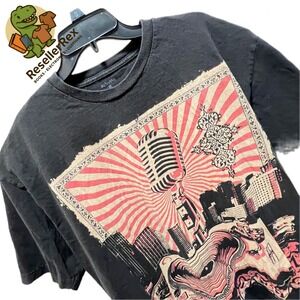 Anchor Blue Graphic Tee Mens XL Black Excellent Music Microphone Cityscape Shirt